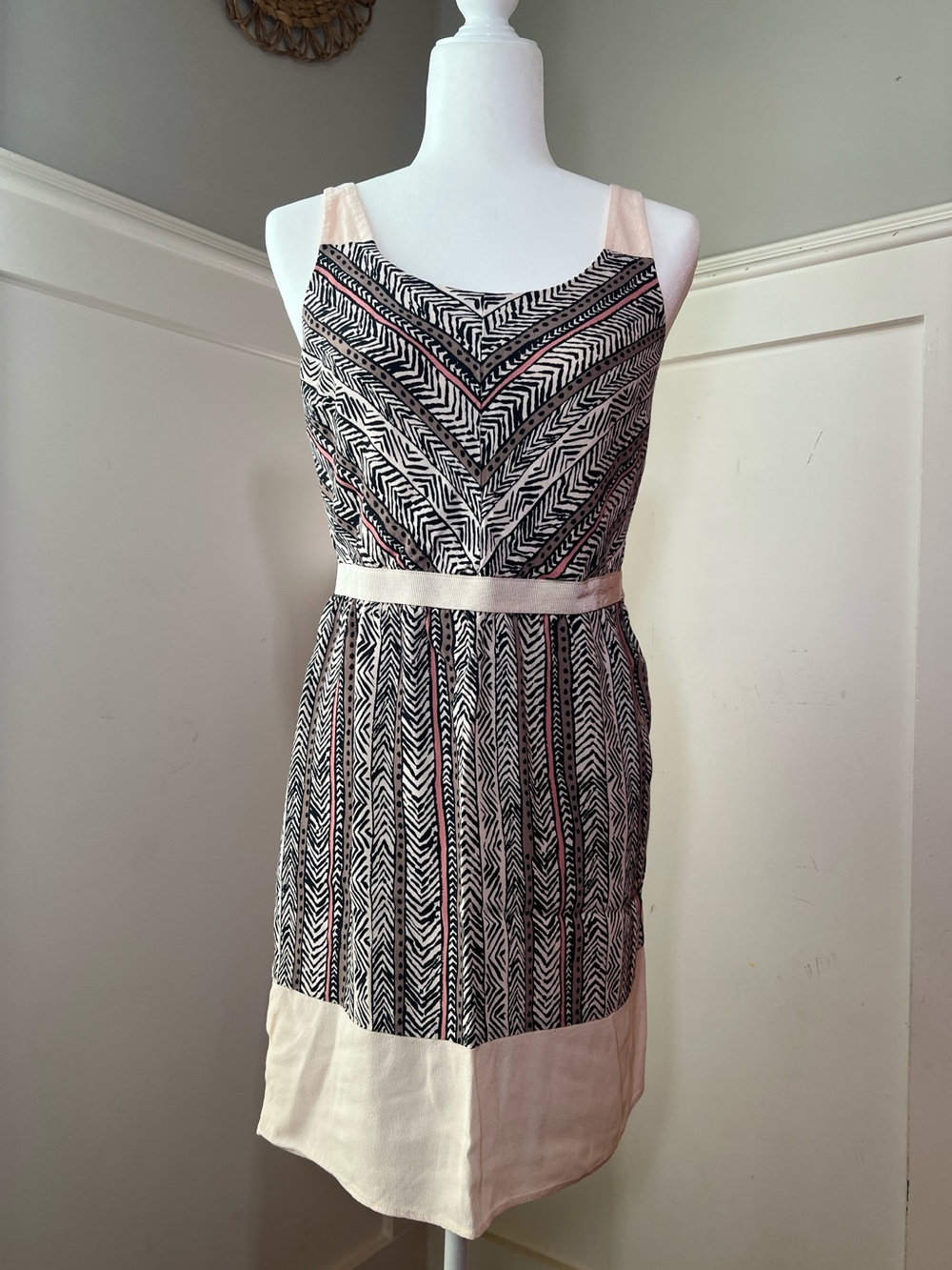 LOFT Printed Dress in Cream, Black & Pink